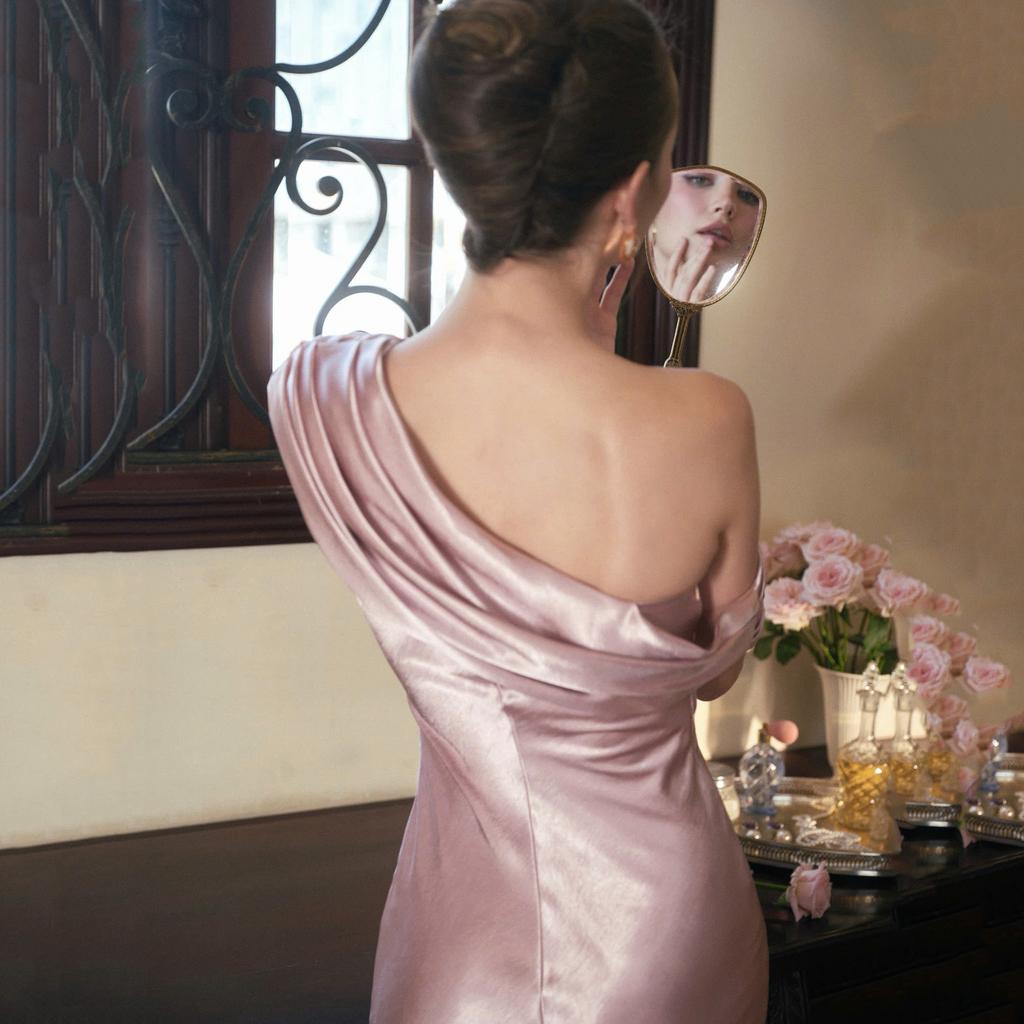 French high-end one-word slanted shoulder hip-wrapped long dress pendant satin slim-fitting fishtail dress banquet dress dress dress
