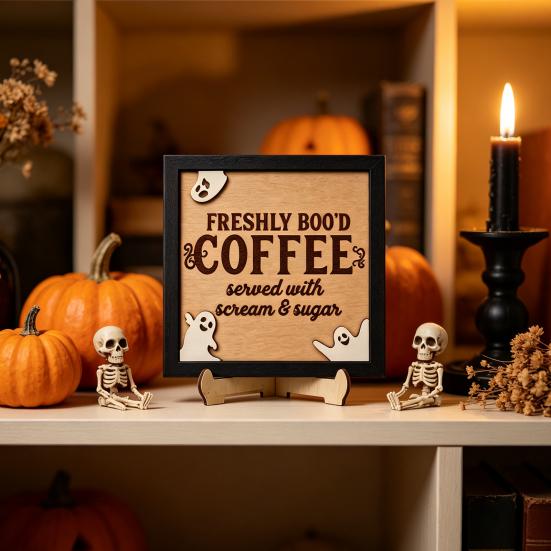 Holiday Atmosphere Home Decor Halloween Wooden Coffee Photo Frame, Retro Distressed Sign for Decorative Holder Countertop Decor, Rustic Autumn