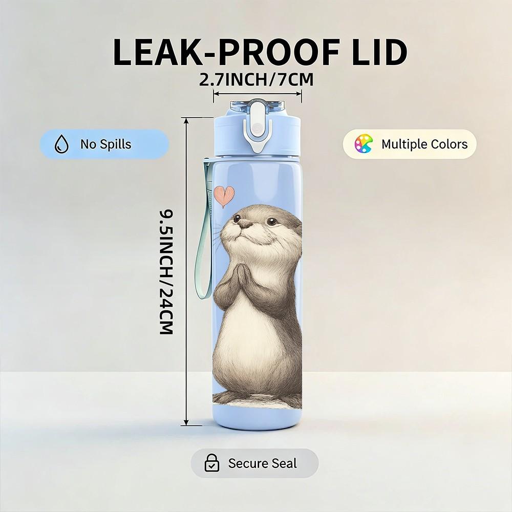 1PC Cute Otter Heart Bust Print 750ml Color Plastic Sports Water Bottle Leakproof Flip Straw Lid For Sports Office Home Use