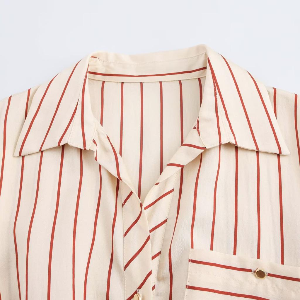 Spring New Women's Clothing Temperament Slim Fit with Belt Striped Printed Lapel Midi Dress