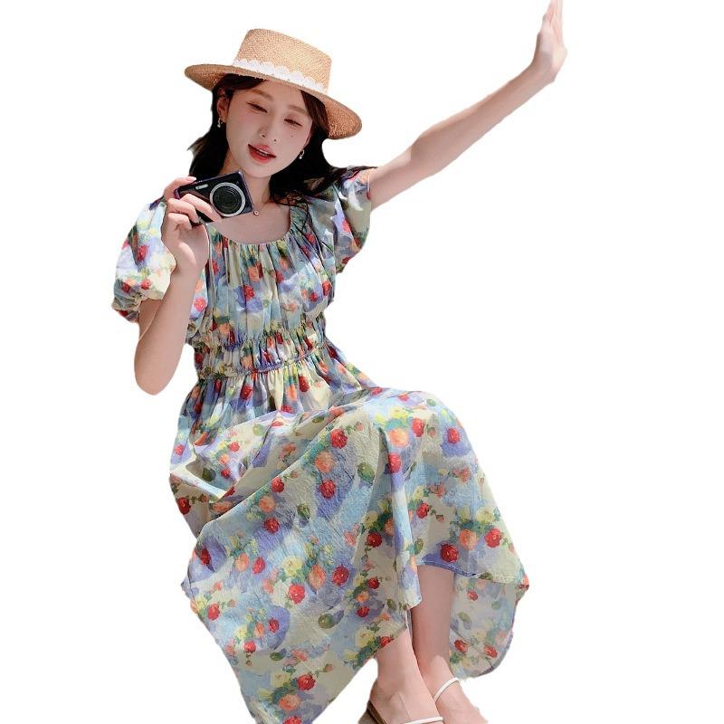 French Retro Floral Puff Sleeve Dress - Summer 2025 Waist-Slimming Holiday Beach Style