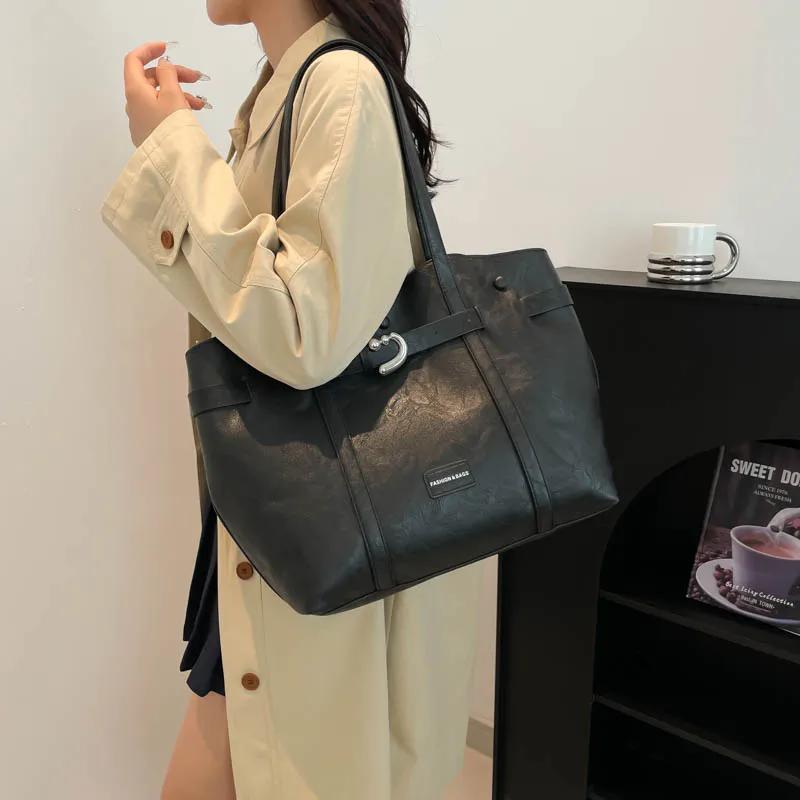 Casual Tote PU Pleated Zipper Top Handle Bags Large Size Personality Retro Feeling Advanced Quality Bags