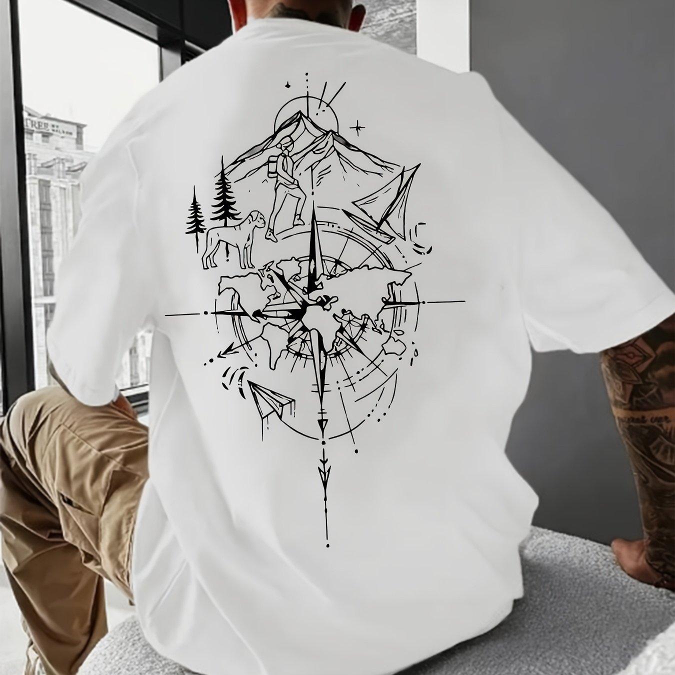 

Mens Summer 100 Cotton Fashion Casual LooseTee with Compass World Map Print Trendy Street Short Sleeve 3XL