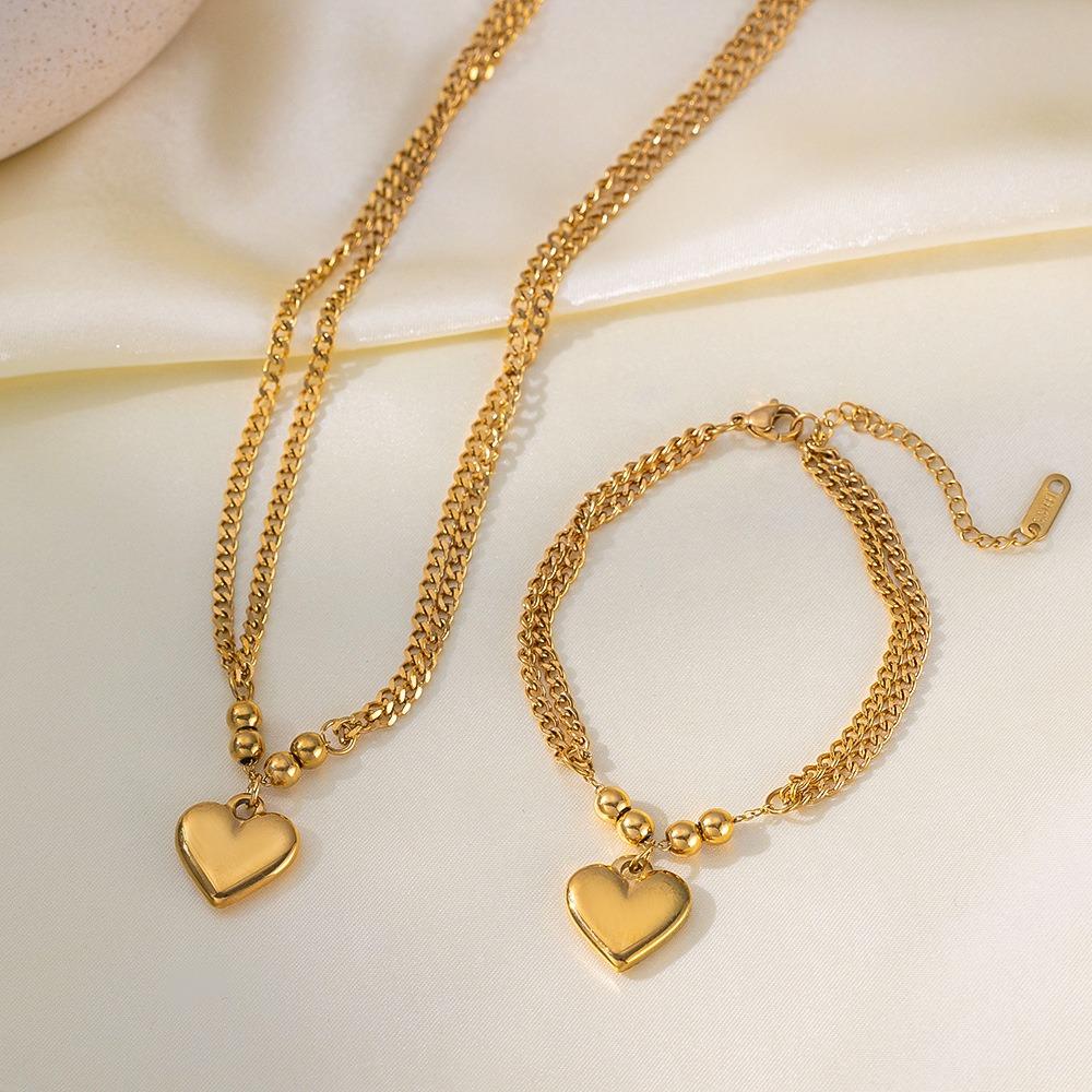 Simple Trendy Stainless Steel Heart Pendant Double-layer Necklace Bracelet Set for Women Valentine's Day Gift Non-fading Jewelry