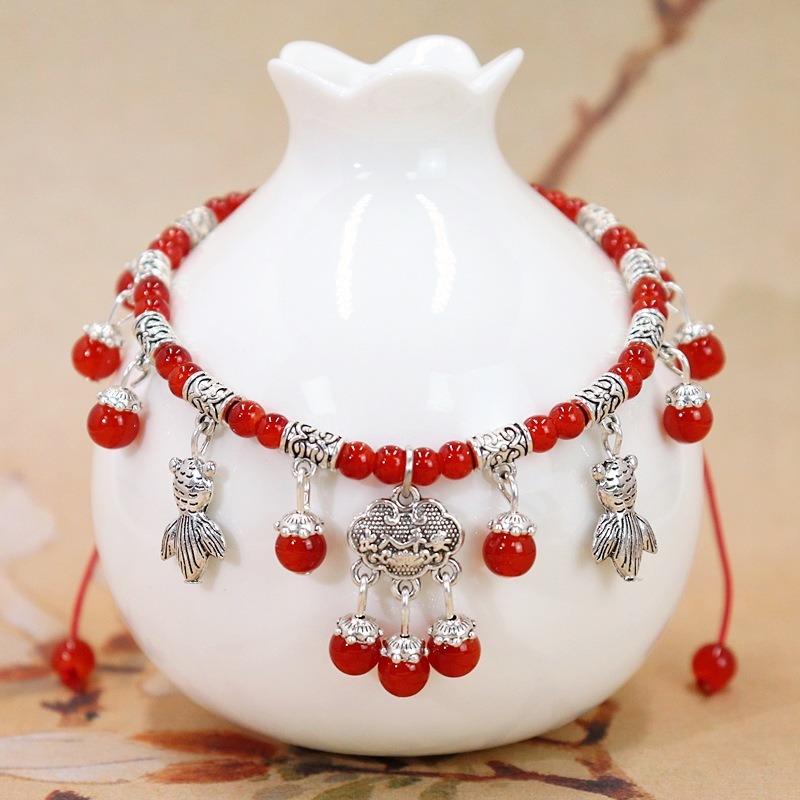 

New women s summer red rope natural agate anklet retro safety lock fringed bell natural anklet accessories