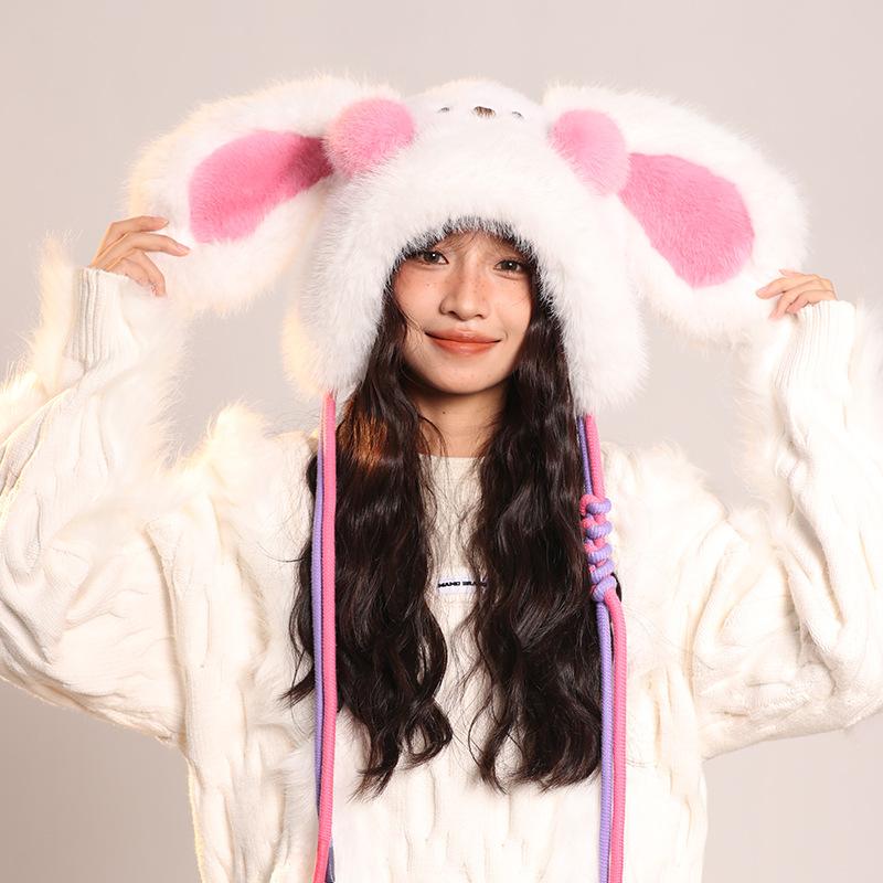 Looping Ears Rabbit Hat for Women with Furry Pullover Hat Showing Face Small Ear Protection Bag Head Hat Thickened Lei Feng Hat Trendy
