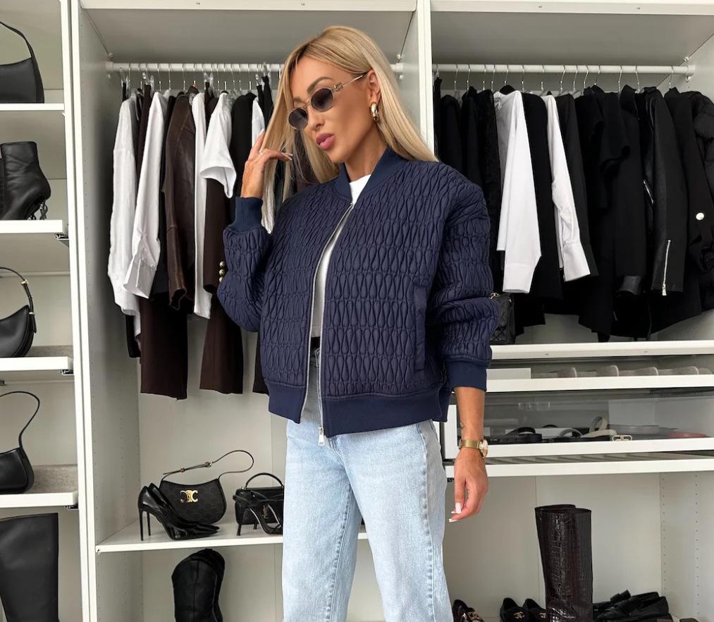 

Женская осенне-зимняя куртка с вышивкой, однотонная, короткая, на молнии, с хлопковой подкладкой, 2025 XL темно-синий