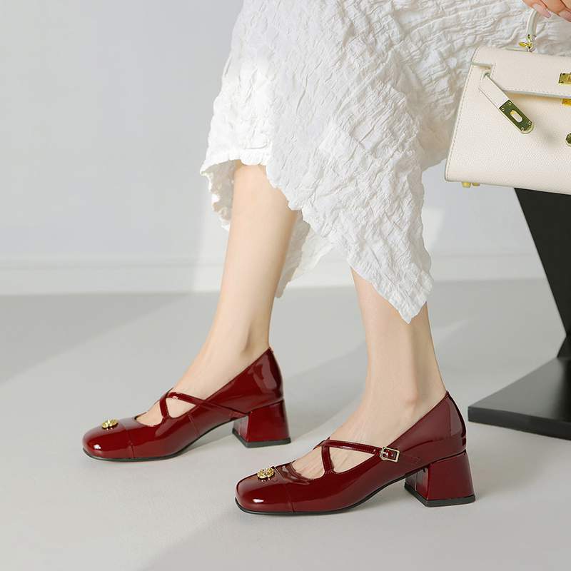 Krazing Pot Sheepskin Square Toe Med Heels Autumn Summer Shoes Metal Flowers Women Mary Janes Fashion Pumps