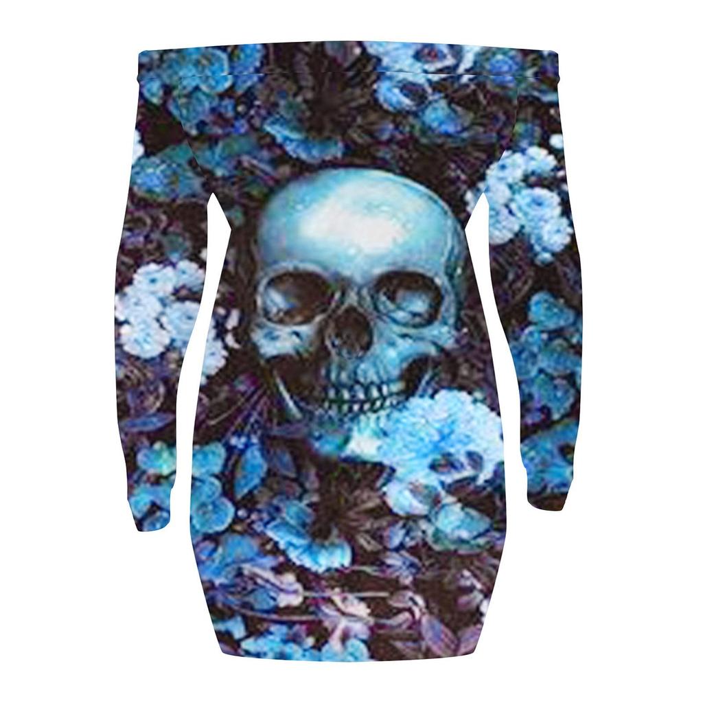 Women's Casual Fashion 2022 Lace-Up Strapless Halloween Print Mid-Length Sweatshirt Dress
