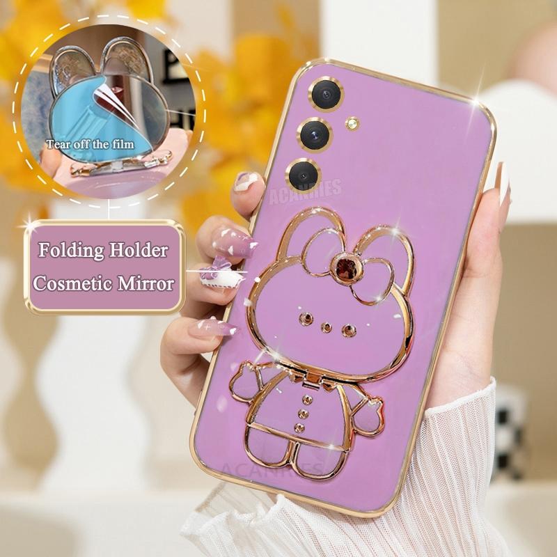 A 16 26 36 56 Luxury Plating Mirror Holder Case For Samsung Galaxy A16 A26 A36 A56 5g S24 Fe S25 Plus Ultra Silicone Stand Cover