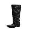 Niche Design Pointed Belt Buckle Knight Stacking Boots Women'S Thick Heel High Boots Pleated Leather Boots