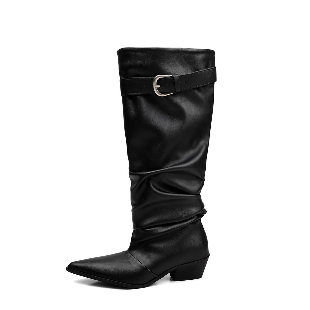 Niche Design Pointed Belt Buckle Knight Stacking Boots Women'S Thick Heel High Boots Pleated Leather Boots