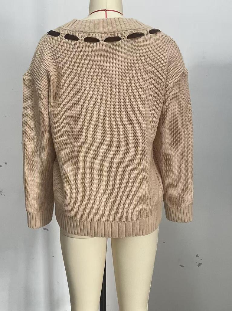 Yangyang Women's V-neck Bow Tie Lace-up Sweater - Autumn/Winter European & American Style Pullover.