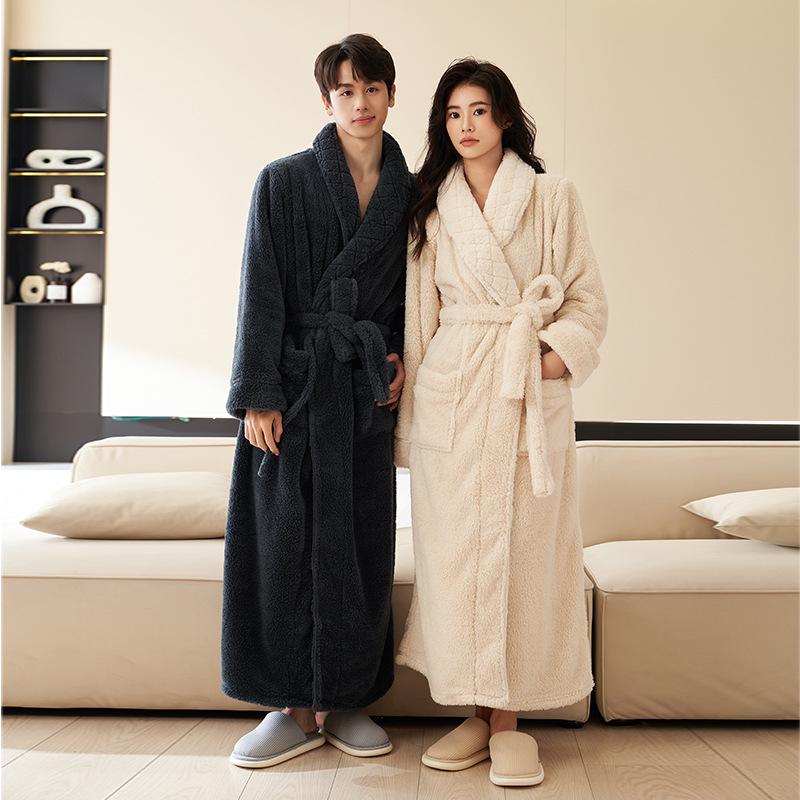 Herren- und Damen-Winter-Flanell-Langmantel-Pyjama - Beidseitiger Korallenfleece, Knöchellang