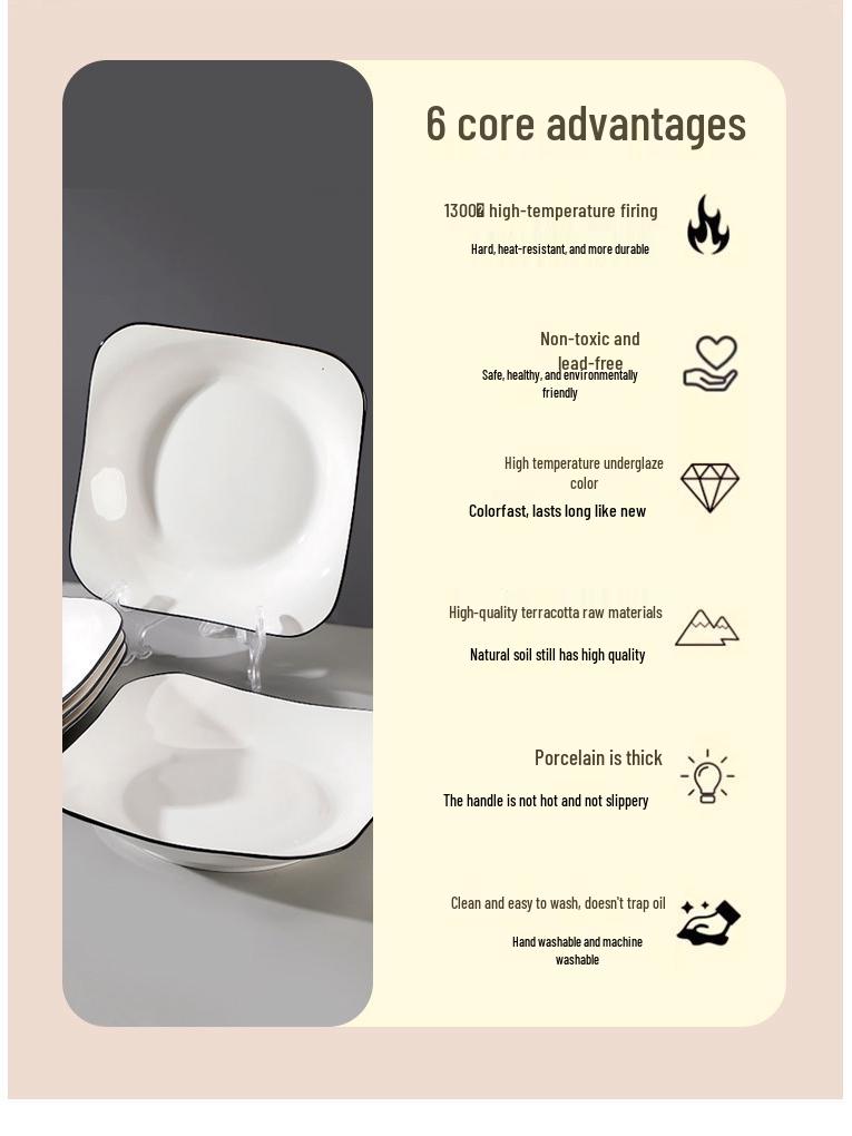 2025 New Style: Set of 6 Microwave-Safe Ceramic Square Plates for Home, Creative Deep Rice Dish Plates