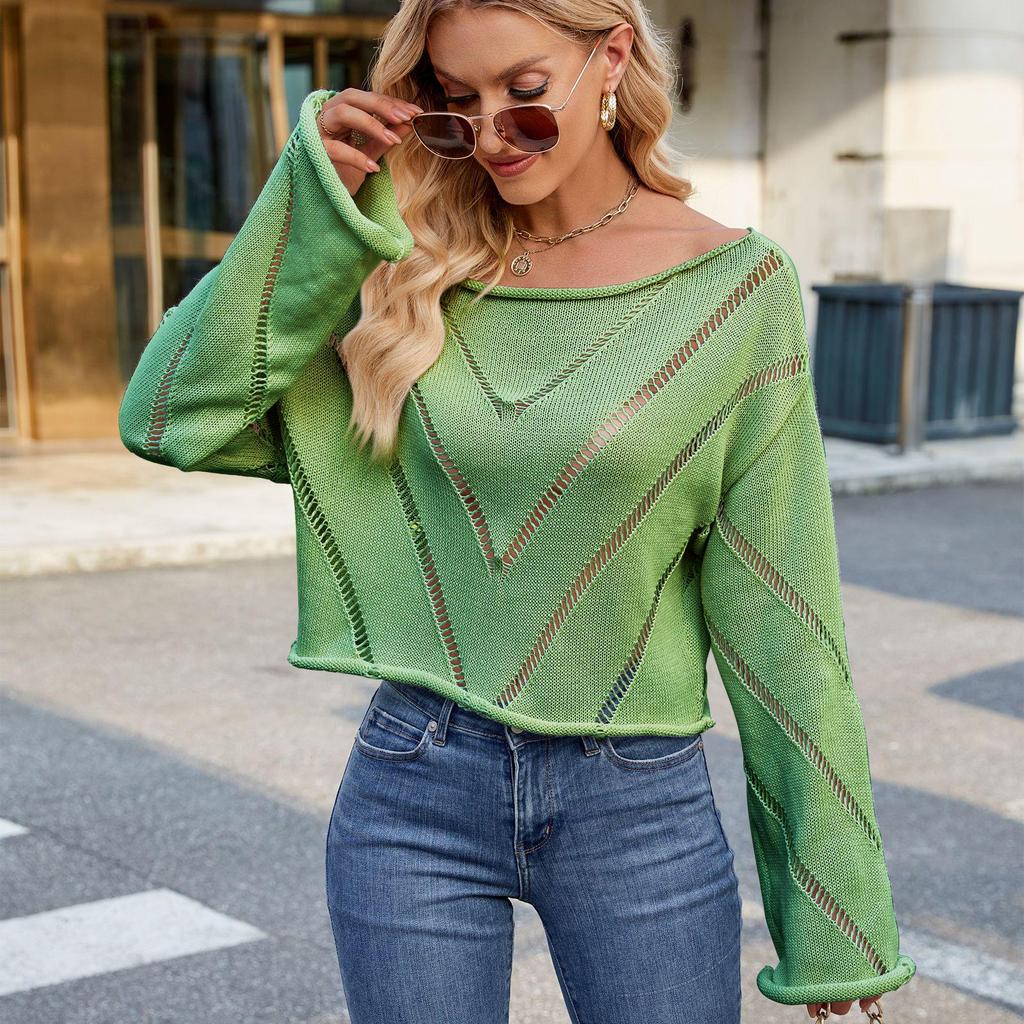 Women's Spring New Hollow-Out Loose Round Neck Long Sleeve Pullover Sweater