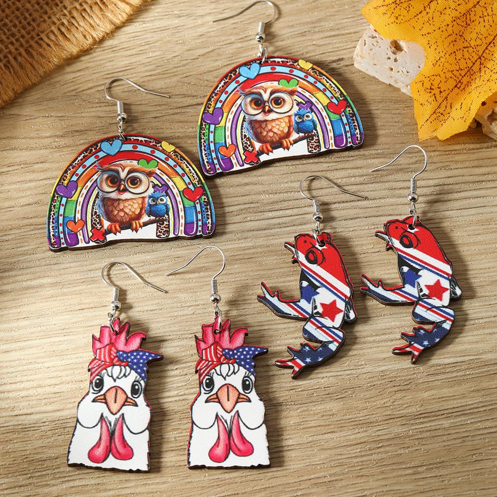 US Handmade Frog and Chick Independence Day Wooden Earrings