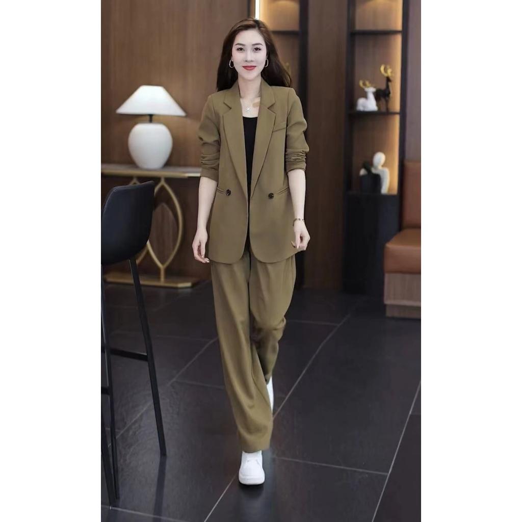 Spring New Plus Size Suit Set: Loose Fit Slimming Casual Blazer with Elastic Waist & Straight Leg Pants, Two-Piece Professional Outfit