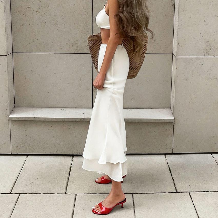 Women's White Asymmetrical Hem Midi Skirt