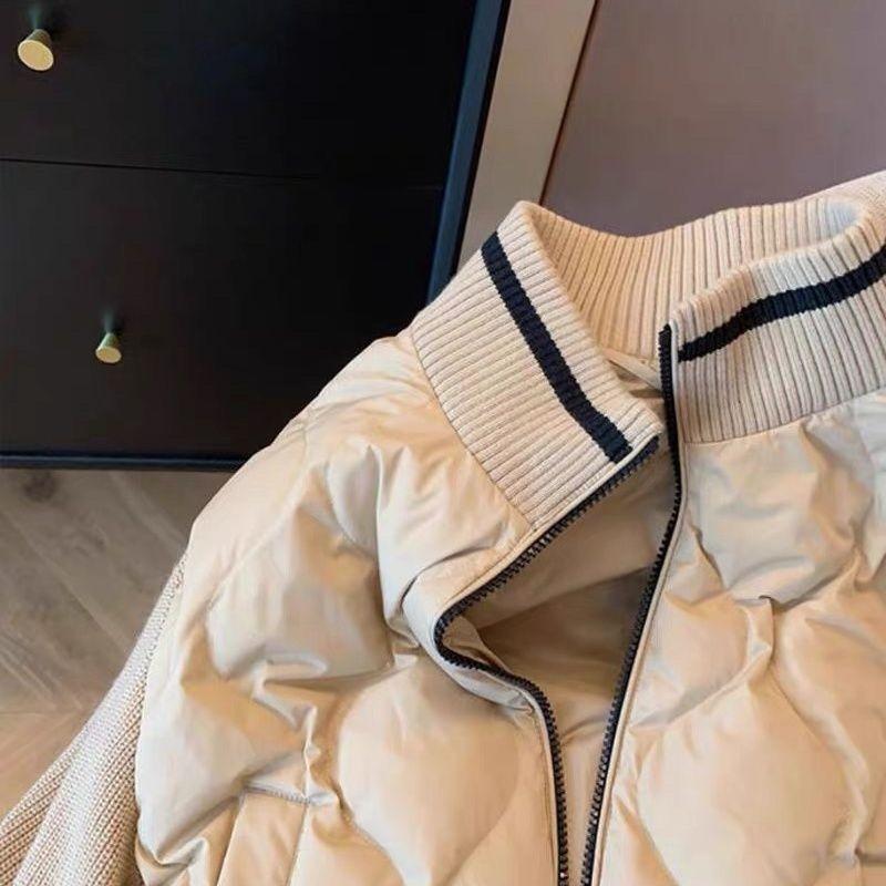 Retro Stand-up Collar Knitted Splicing Rhombus Cotton Jacket Women's Autumn and Winter New Niche Fashionable Light Jacket Tide
