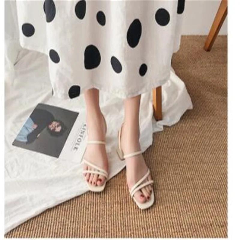 Women Sandals Ladies Square Heels Elegant Summer Slippers Outside Cross Tied Leather Female Slides 2024 Fashion Woman Sandals