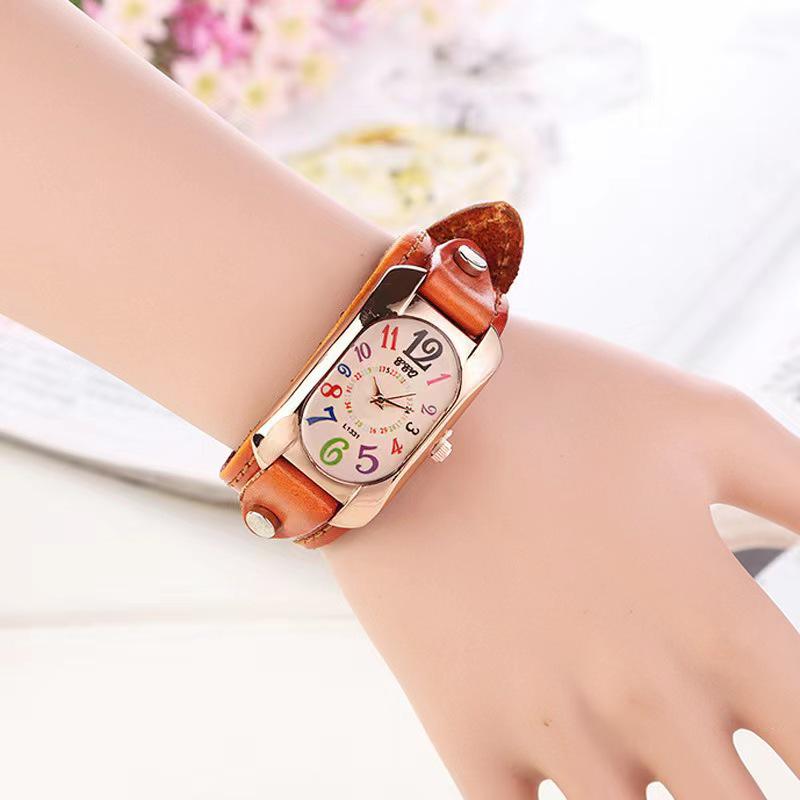Trendy Men's Leather Belt Watch & Women's Colorful Numbers Quartz Wristwatch