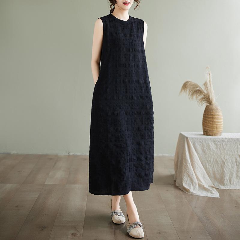 Elegant Round-Neck Sleeveless Tank Dress for Women New Summer Style Loose-Fitting Textured High-End Exquisite Long Dress