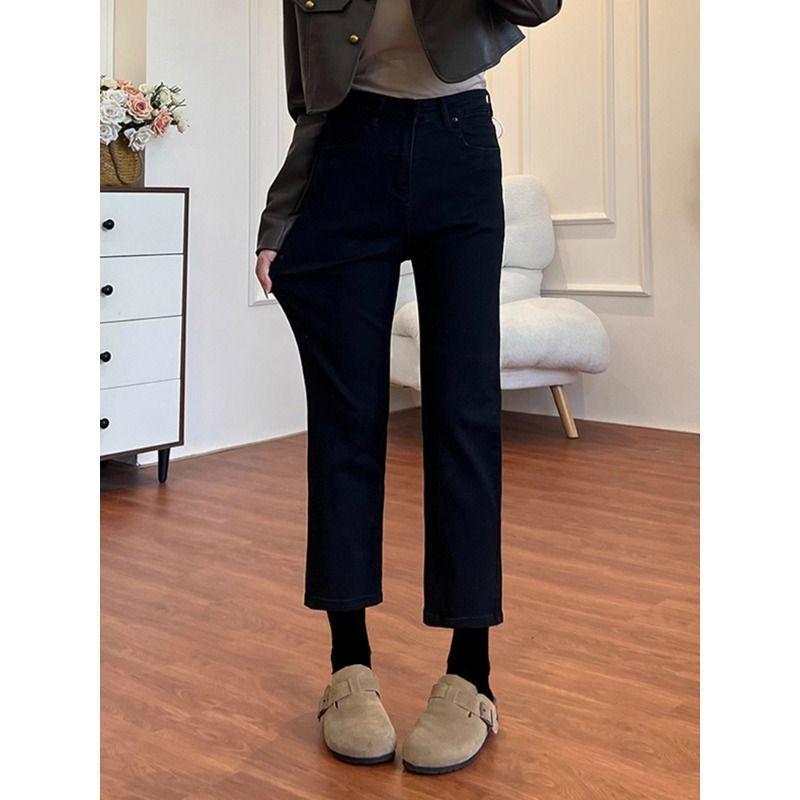 Women's Petite Black High Waist Straight Leg Jeans - Spring 2026 Style, Hip-Covering, Plus Size, Fleece-Lined, Slimming Fit