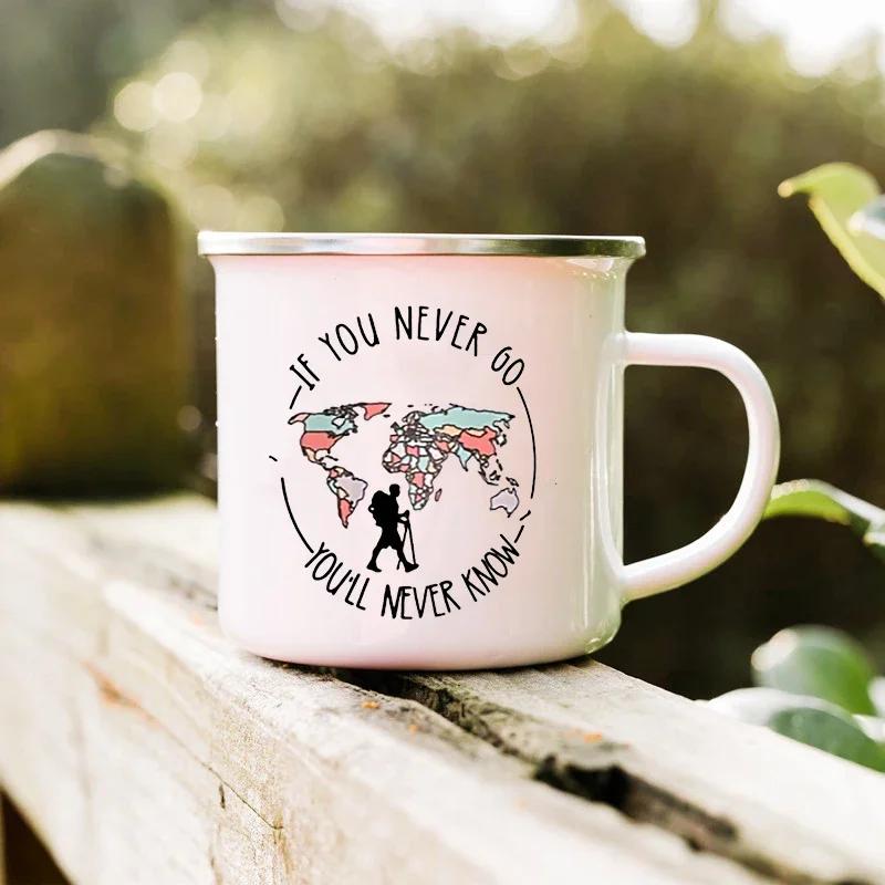 Wenn du nie gehst, wirst du es nie wissen Campingbecher Camper Emaillebecher Abenteuerbecher Lagerfeuer Kaffeebecher Camper Bestes Geschenk Bergbecher