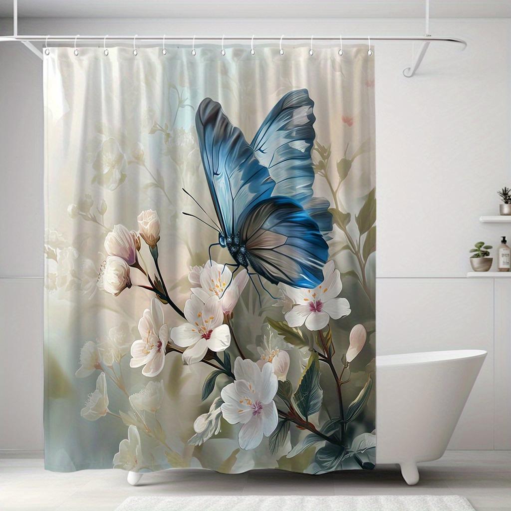 1pc Blue Butterflies & Floral Shower Curtain - 12 Hooks, Moisture-Resistant Polyester, 71x71", Elegant Bathroom Decor