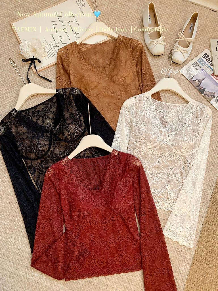 Lace Sexy V-neck Women's Long Sleeve T-shirt with Chest Pads