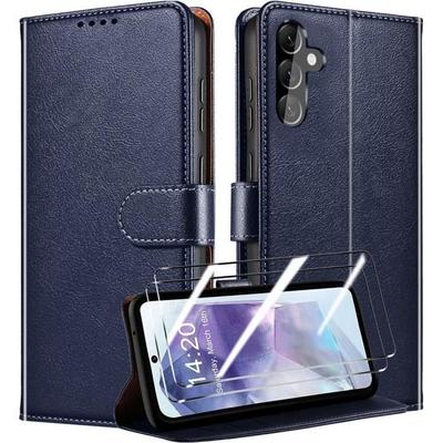Hülle für Samsung Galaxy A55 5G - BOOLING - Stoßfest aus PU-Leder und TPU - Kartenfächer - Marineblau mit 2 gehärteten Gläsern