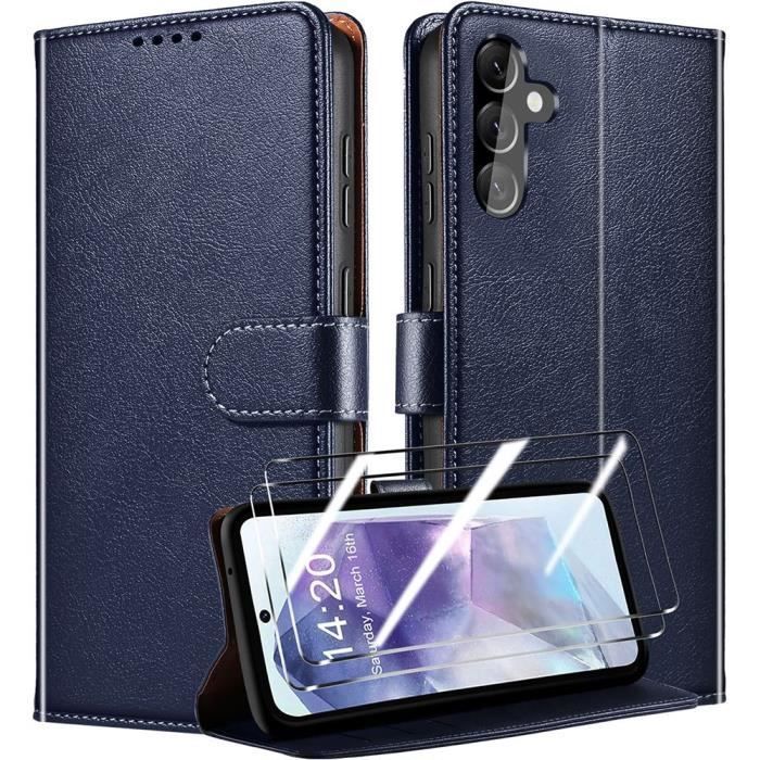 Coque pour Samsung Galaxy A55 5G - BOOLING - Antichoc en Cuir PU et TPU - Fentes pour Cartes - Bleu Marine avec 2 Verres Trempés