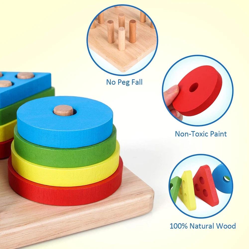 Montessori Wooden Sorting and Stacking Toys Educational Learning Preschool Color Recognition Shape Sorter Puzzles for Kids Gifts