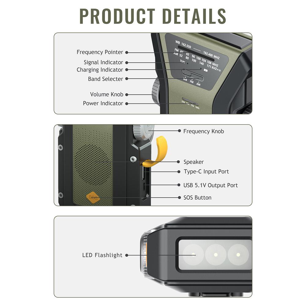 Radio cu energie solară în aer liber Multifuncțional cu manivelă Radio cu reîncărcare portabil Camping Drumeții
