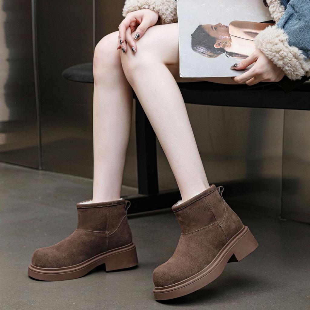 Customized Cowhide Snow Boots Women's Thick-soled Non-slip Waterproof Piled Thickened Short Boots Winter Fur Integrated Warm Cotton Shoes