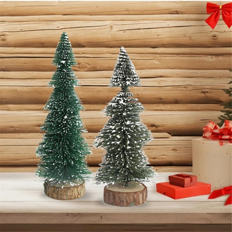 Realistic Miniature Christmas Tree Wood Base Desktop Christmas Tree Ensembles with Realistic Snowy Appearance