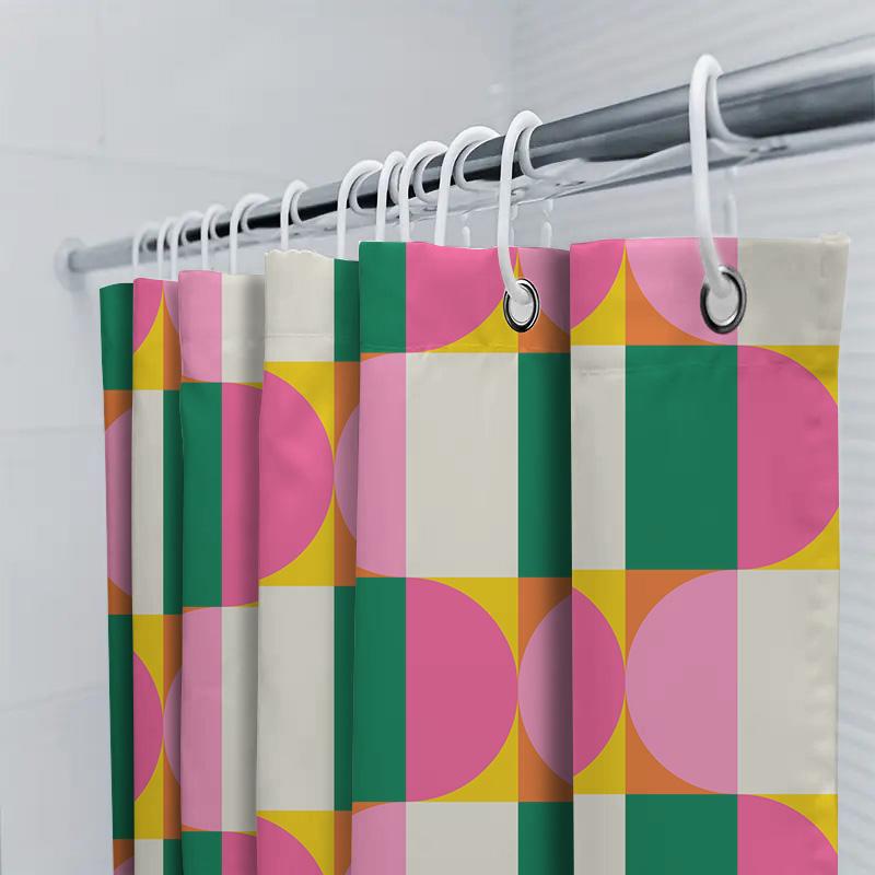 Bright Bath Rug Shower Curtain Set Geometric Modern Pattern Decor with Rings for Bathroom (180x240cm)