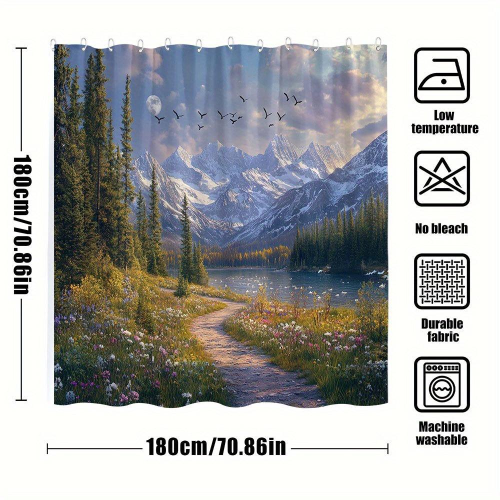1Pc Extra Large Bath Curtain - Mountain Sunset Path Wildflower Trail Moonlit Lake Snowy Peaks Evergreen Forest Design - High-Qua