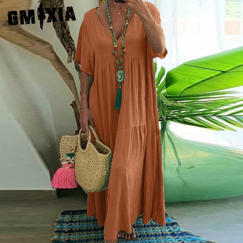 GMXIA Moda damă vară primăvară culoare uni imprimeu mâneci scurte cu decolteu în V talie înaltă rochii casual