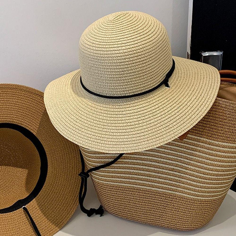 Foldable Straw Bucket Hat Wide Brim Visor Cap Vintage Women's Straw Hat  Men Women