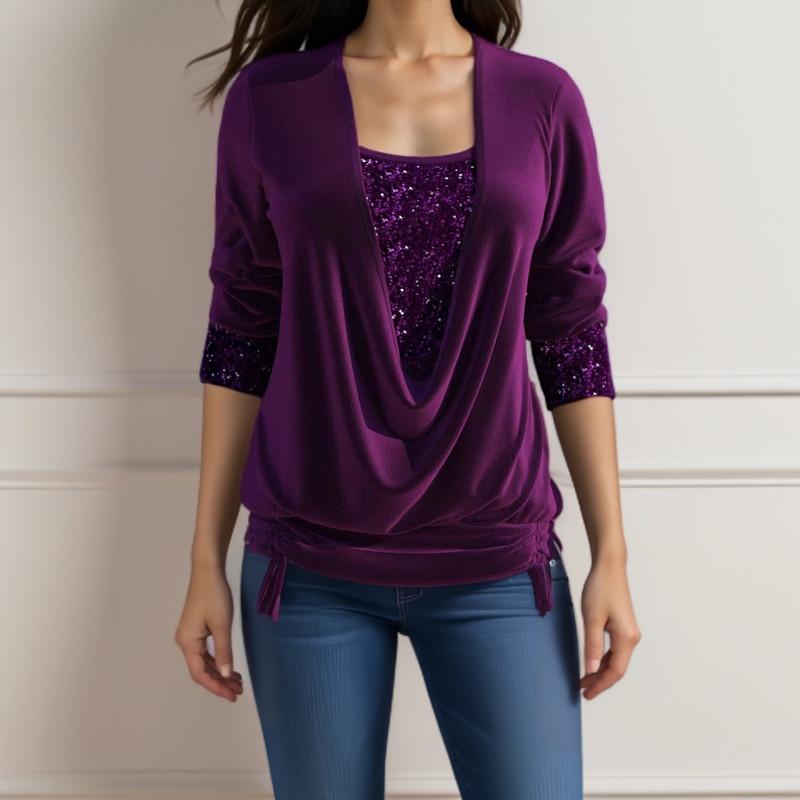 Spring and Autumn Beaded Clash Net Long Sleeve Women's Big Drop Neck Loose Drawstring False Two Piece Top