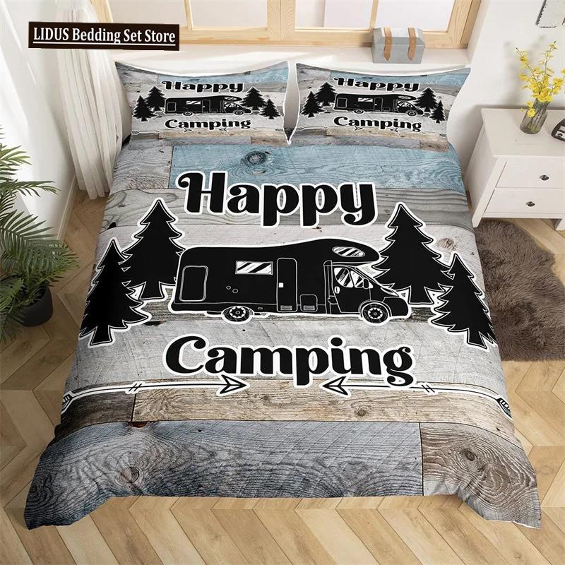 Šťastné kempování Povlak na přikrývku Queen Kreslený Karavan Kempingová Ložní souprava Styl Farmy 3D Obal na přikrývku Camper s povlaky na polštáře