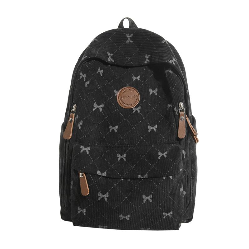 Cute Bow Print Corduroy Backpack for Women Casual Daypack Travel School Bag with Multi Pockets
