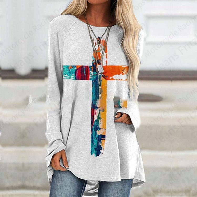 

Жіноча модна футболка з довгим рукавом Християнський хрест Ісуса з 3D-принтом і круглим вирізом із вільним розписом Туніки Топи Femme Топи Довгі футболки L