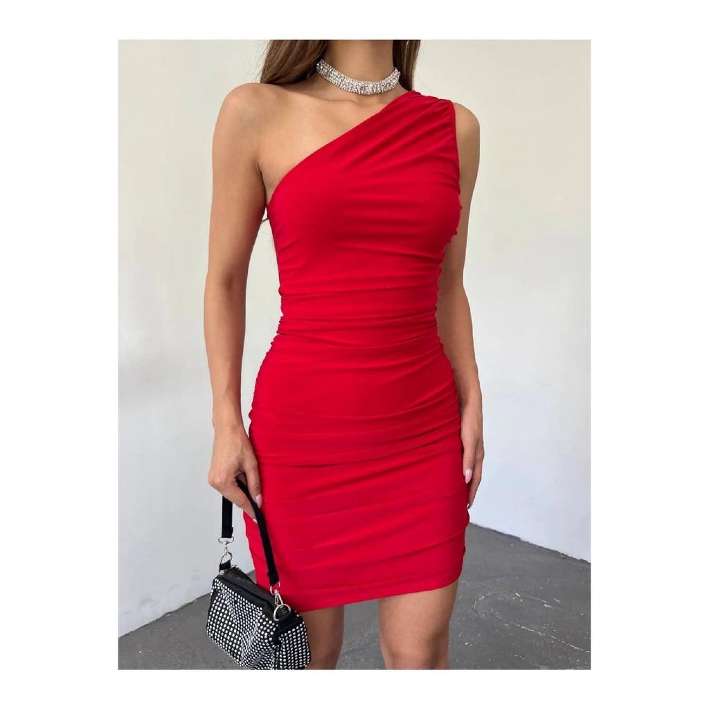 Damska sukienka mini na jedno ramię, marszczona, szczegółowa