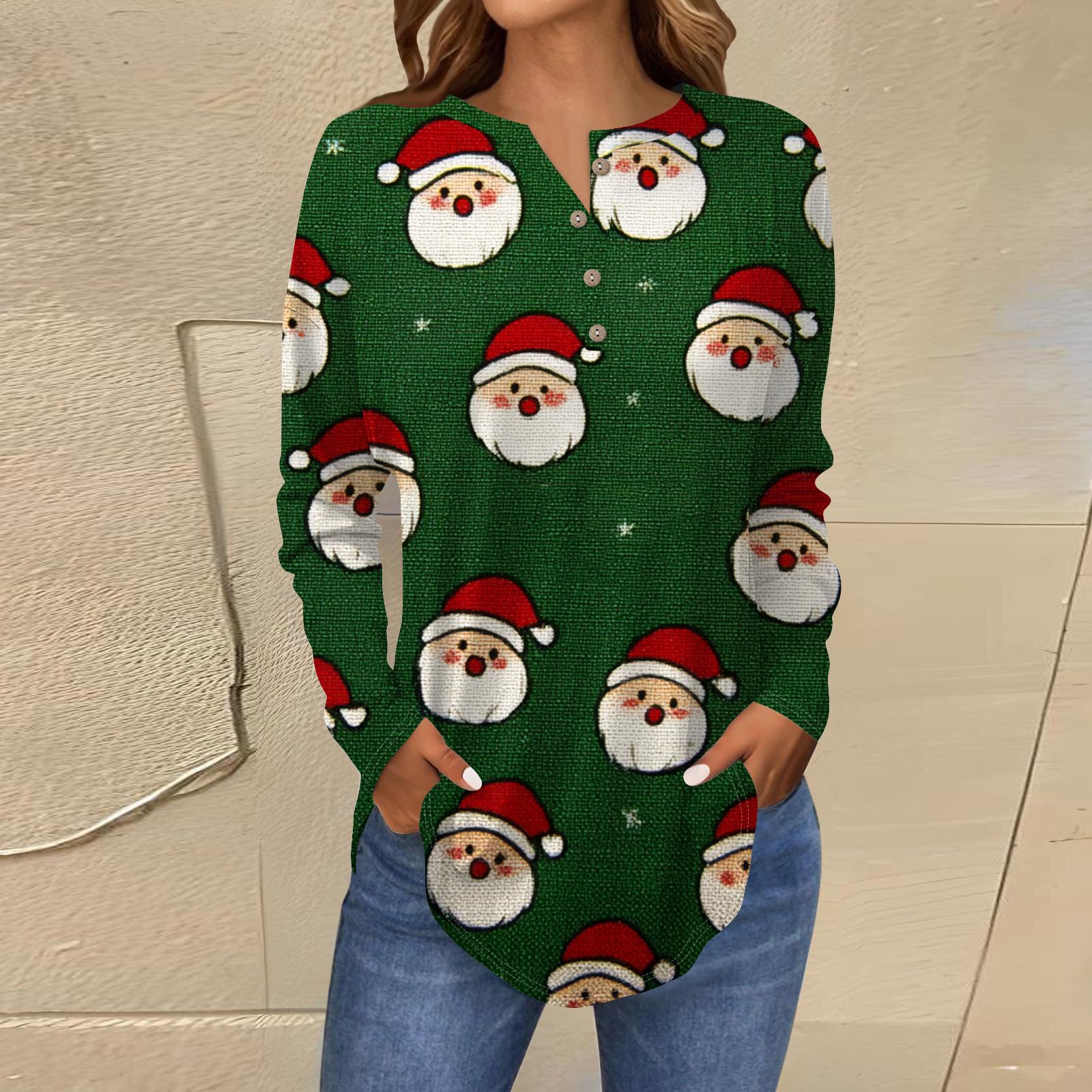 

Женская модная блузка свободного кроя с пуговицами и воротником на пуговицах, с рождественским принтом и длинными рукавами XXXL зелёный