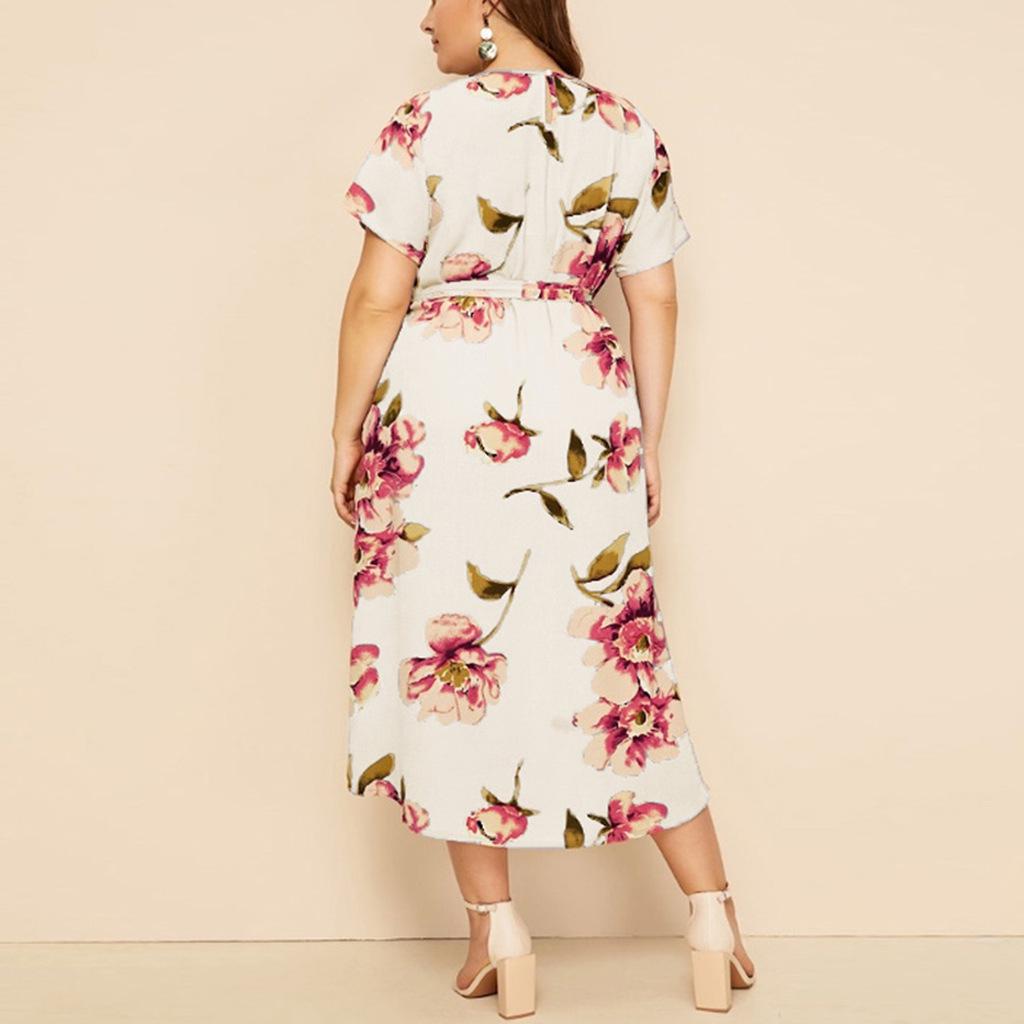 Women's Plus Size Printed Midi Dress - Round Neck, Short Sleeve, Waist-Cinched, European American Style