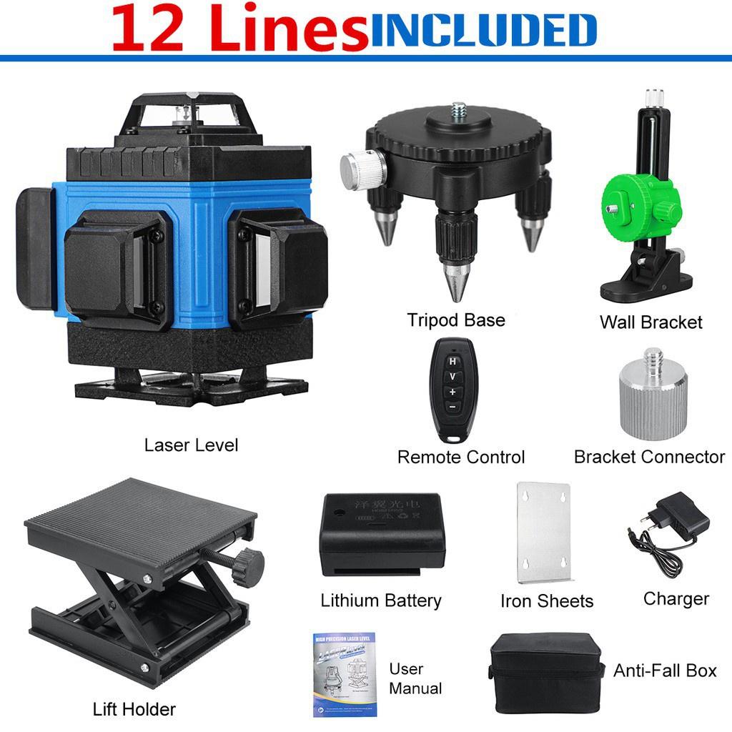 16/12/8 Line 360° 4D Horizontal Vertical Cross Spirit Level Measure Tool Kit Green Light Laser Level