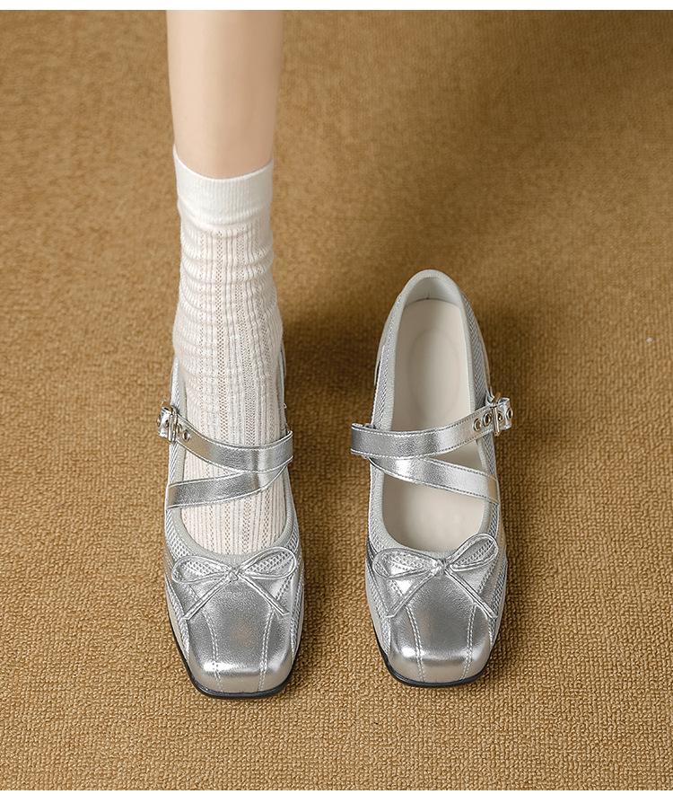 Silver Vintage Leather Hidden Heel Mary Jane Ballet Flats with Bow